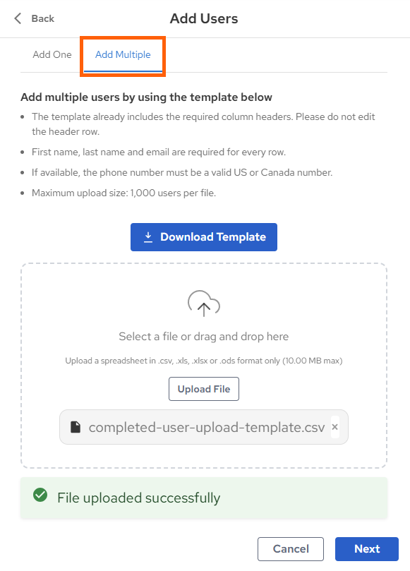Amplify Add Multiple Users Screen File Upload Success.png
